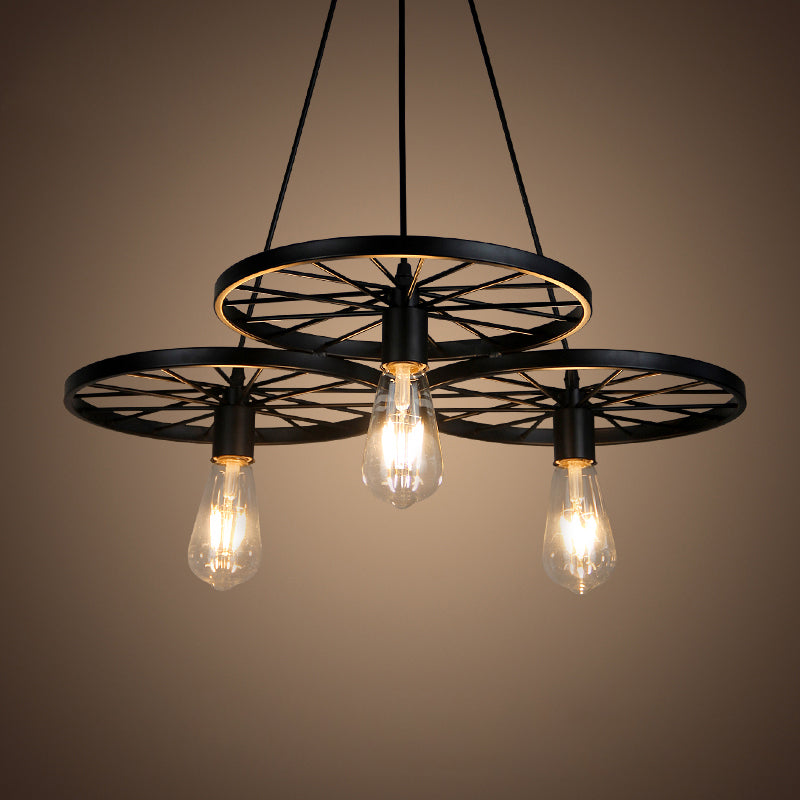 Black Wheel Chandelier Lighting Industrial Metal Living Room Hanging Light Fixture