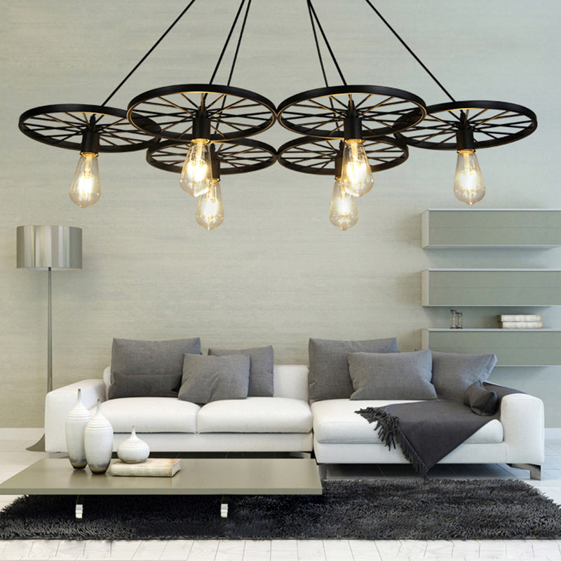 Black Wheel Chandelier Lighting Industrial Metal Living Room Hanging Light Fixture