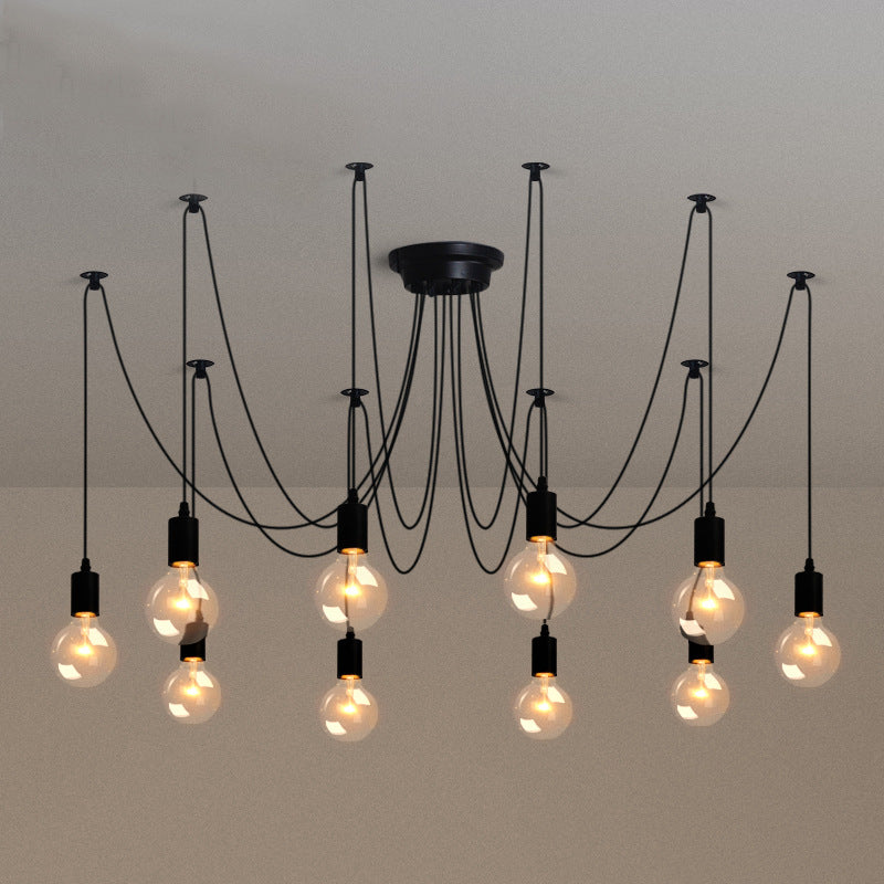 Industrial Exposed Bulb Swag Pendant Metallic Multi Light Chandelier in Black for Living Room