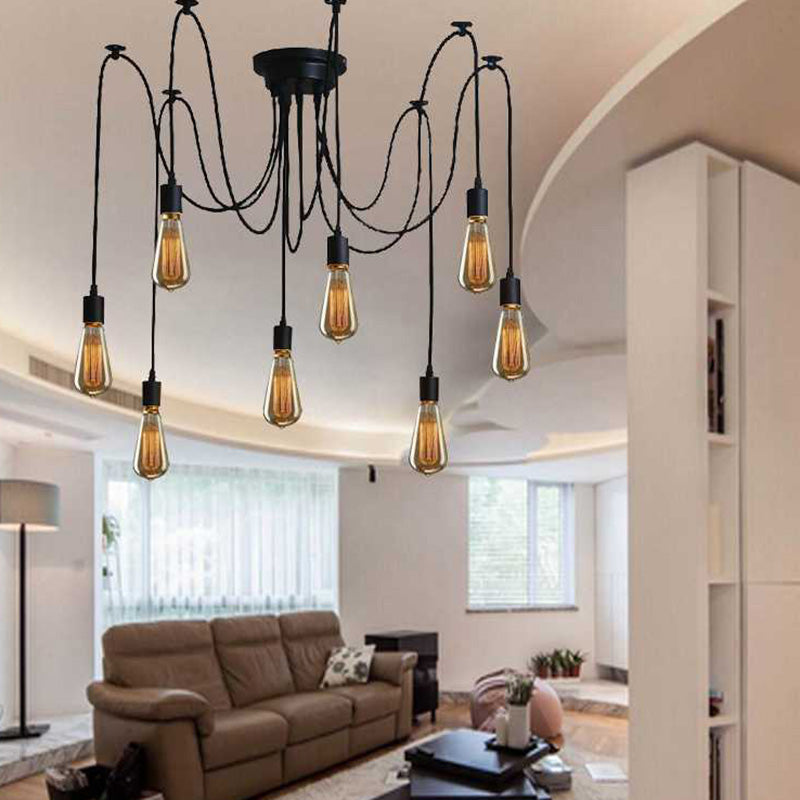 Industrial Exposed Bulb Swag Pendant Metallic Multi Light Chandelier in Black for Living Room