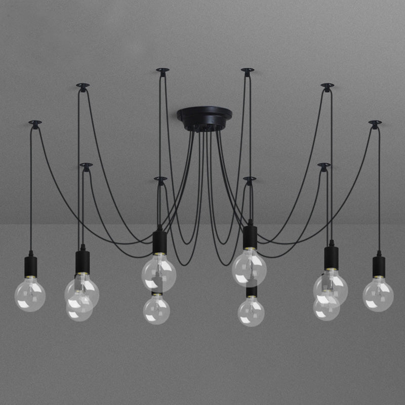 Industrial Exposed Bulb Swag Pendant Metallic Multi Light Chandelier in Black for Living Room