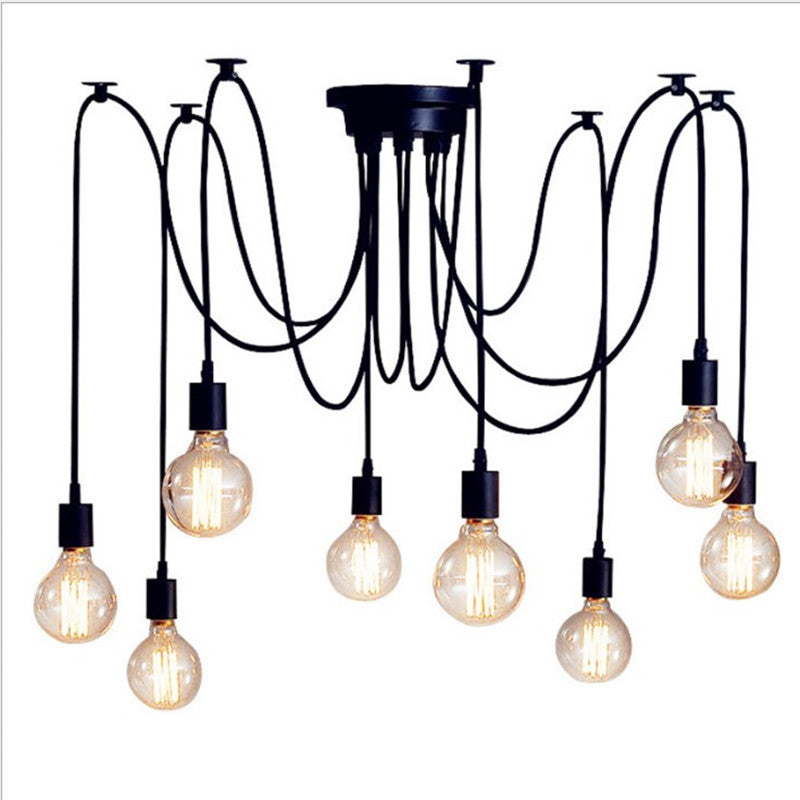 Industrial Exposed Bulb Swag Pendant Metallic Multi Light Chandelier in Black for Living Room