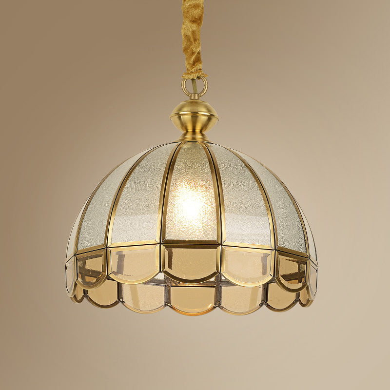 Dome Dining Room Pendulum Light Antique Textured Glass 1 Head Gold Pendant Light with Scalloped Edge