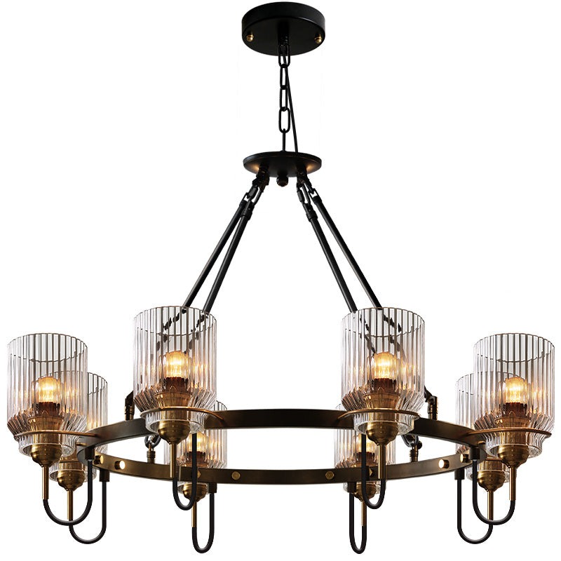 Cylindrical Ribbed Glass Up Chandelier Vintage Dining Room Suspension Lamp in Black