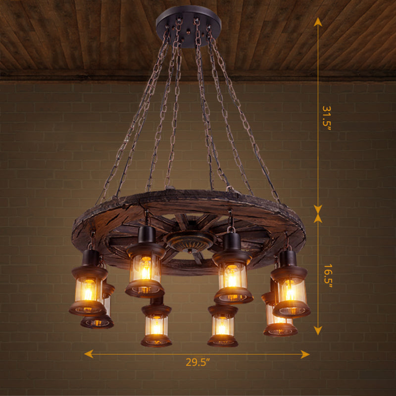 Clear Glass Lantern Suspension Lamp Nautical Living Room Ceiling Chandelier in Wood