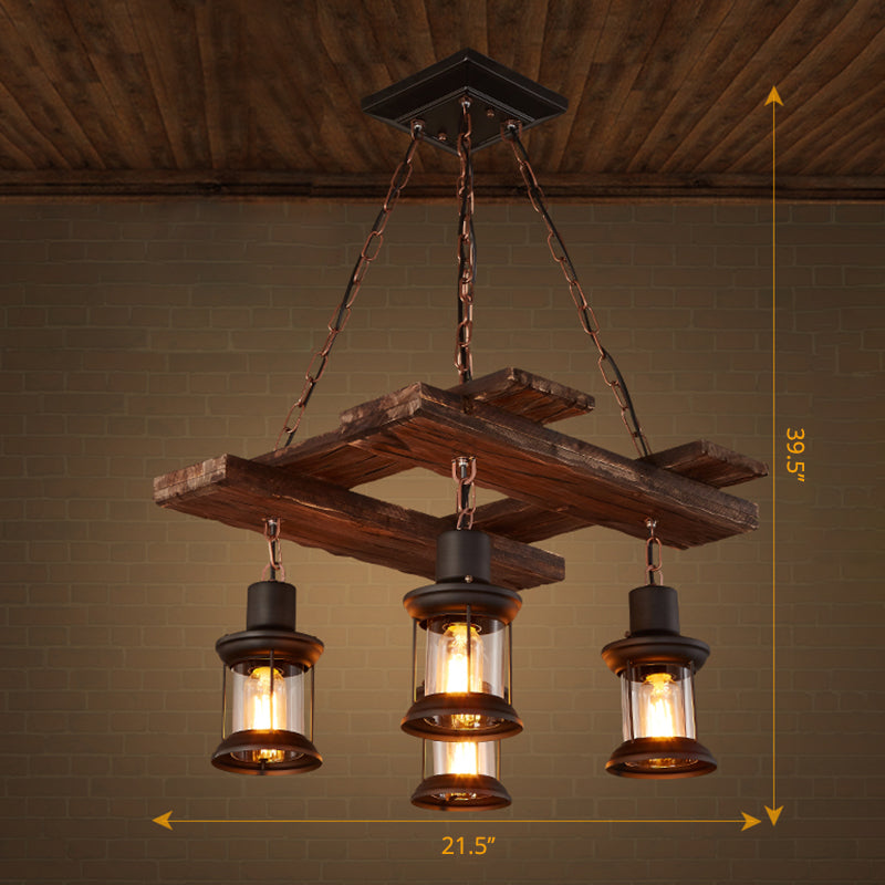 Clear Glass Lantern Suspension Lamp Nautical Living Room Ceiling Chandelier in Wood