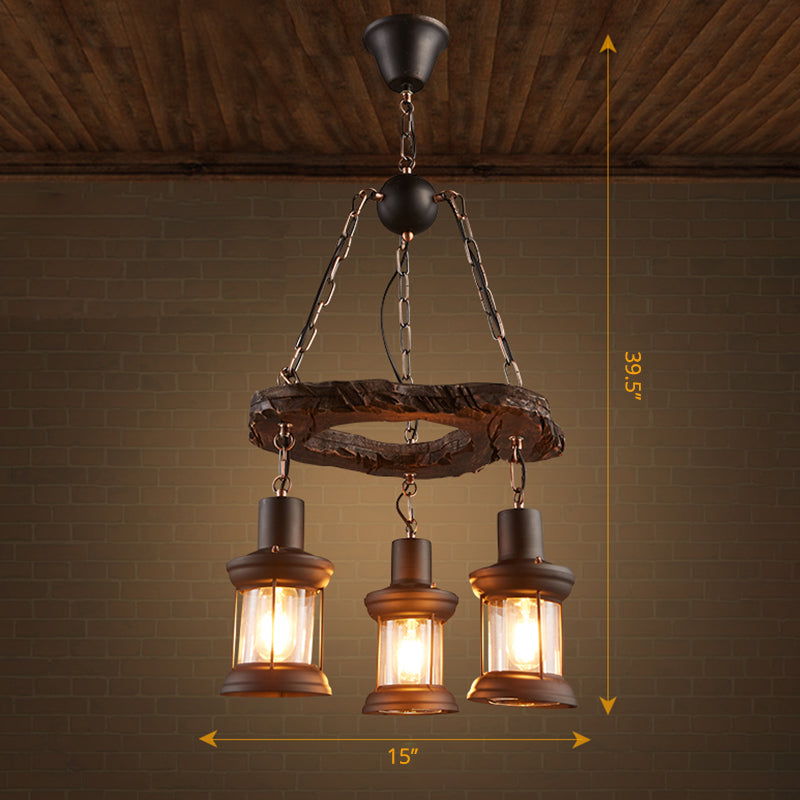 Clear Glass Lantern Suspension Lamp Nautical Living Room Ceiling Chandelier in Wood