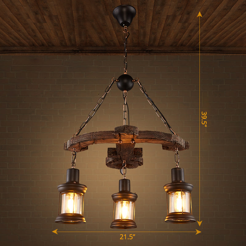 Clear Glass Lantern Suspension Lamp Nautical Living Room Ceiling Chandelier in Wood