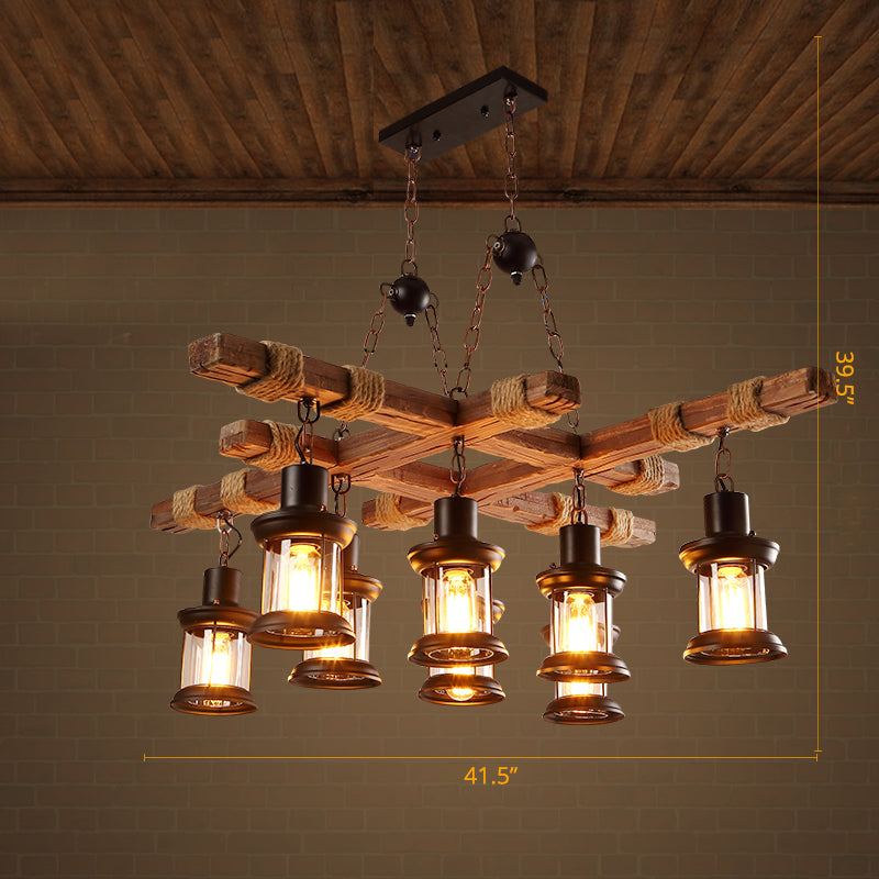 Clear Glass Lantern Suspension Lamp Nautical Living Room Ceiling Chandelier in Wood