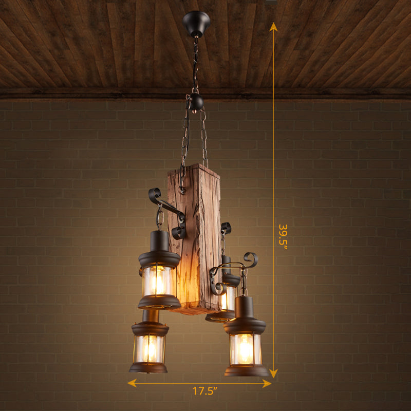 Clear Glass Lantern Suspension Lamp Nautical Living Room Ceiling Chandelier in Wood