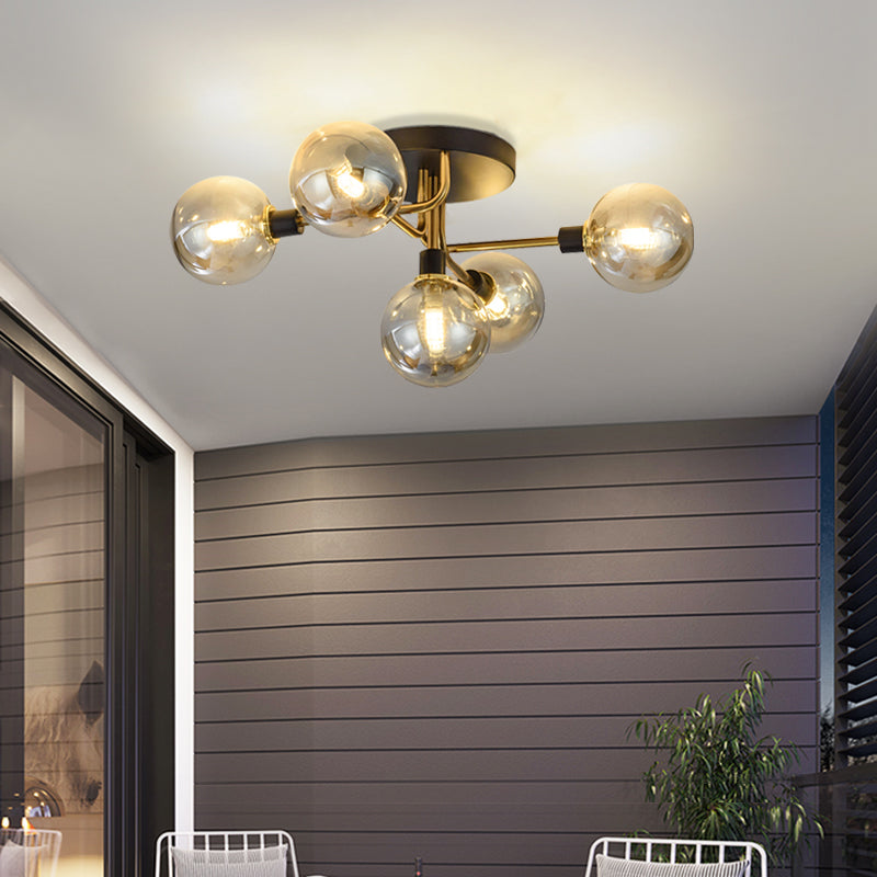 5 Lights Dining Room Ceiling Lamp Postmodern Style Semi Flush Light with Ball Glass Shade