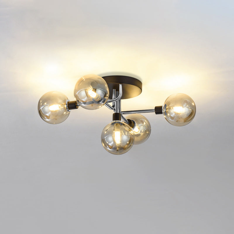 5 Lights Dining Room Ceiling Lamp Postmodern Style Semi Flush Light with Ball Glass Shade