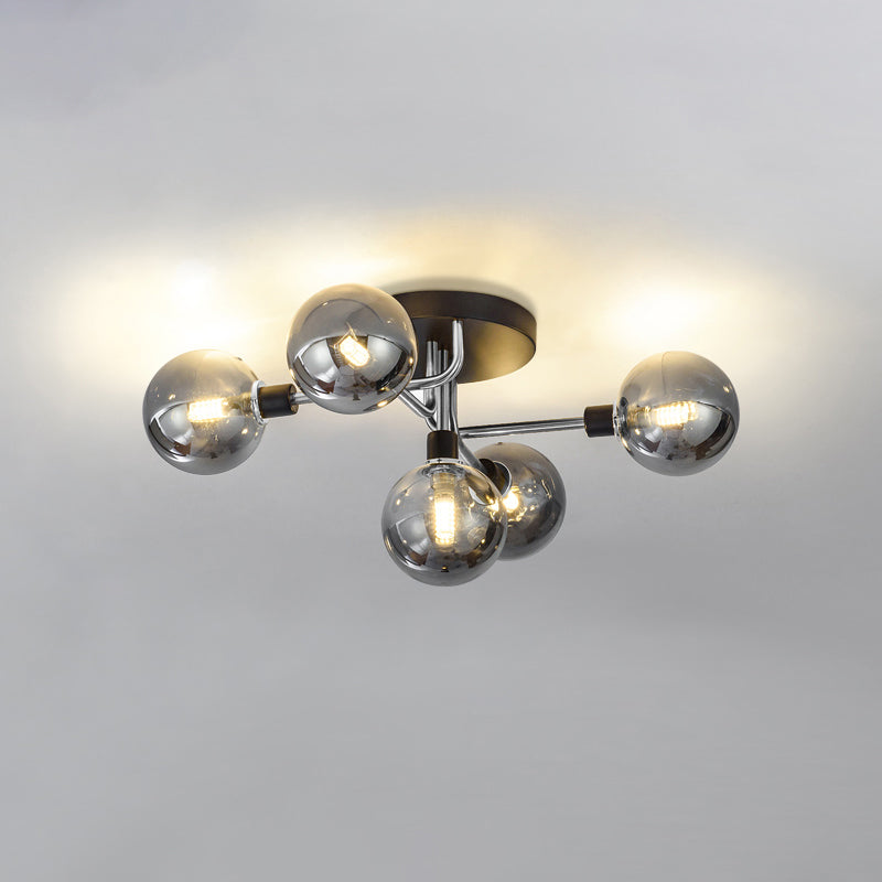 5 Lights Dining Room Ceiling Lamp Postmodern Style Semi Flush Light with Ball Glass Shade