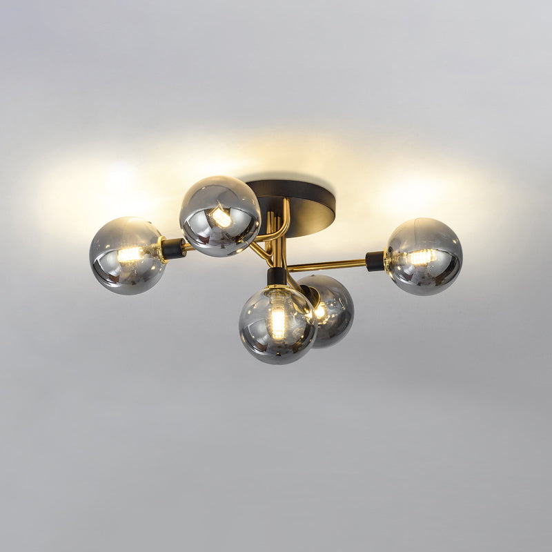 5 Lights Dining Room Ceiling Lamp Postmodern Style Semi Flush Light with Ball Glass Shade