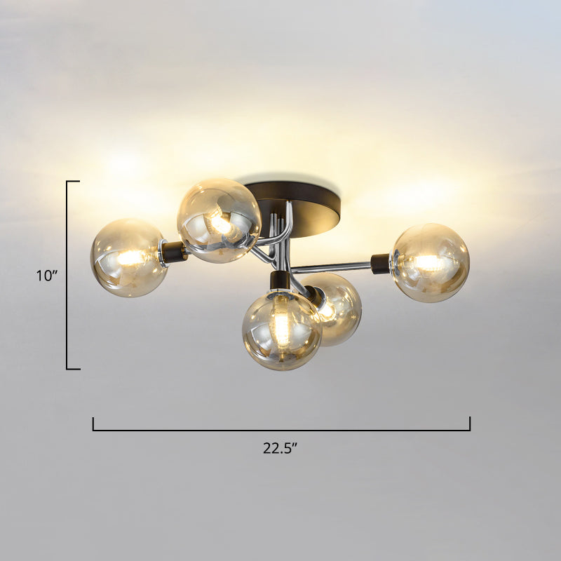 5 Lights Dining Room Ceiling Lamp Postmodern Style Semi Flush Light with Ball Glass Shade