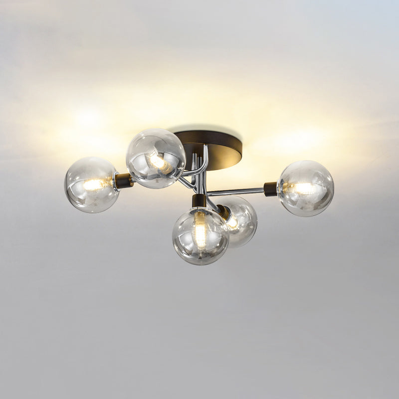 5 Lights Dining Room Ceiling Lamp Postmodern Style Semi Flush Light with Ball Glass Shade