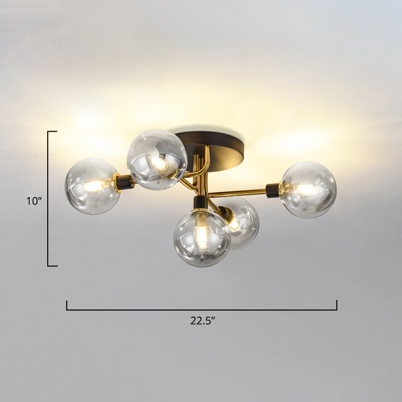 5 Lights Dining Room Ceiling Lamp Postmodern Style Semi Flush Light with Ball Glass Shade