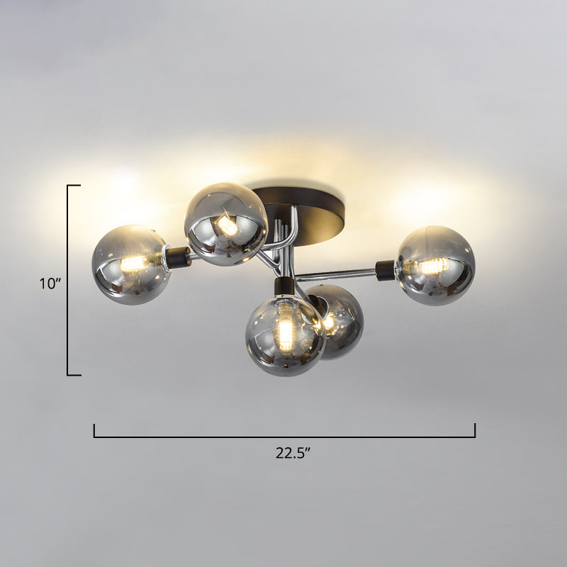 5 Lights Dining Room Ceiling Lamp Postmodern Style Semi Flush Light with Ball Glass Shade