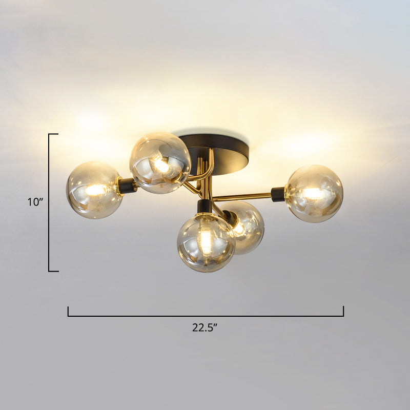 5 luces Lámpara de techo de comedor de estilo posmoderno luz semi descarga con sombra de vidrio de bola