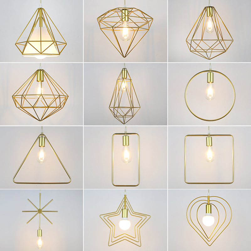 Gold Cage Frame Pendant Ceiling Light Nordic Metal 1 Bulb Dining Room Suspension Light