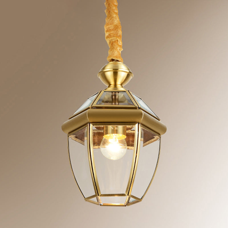 Hexagonal en verre transparent Lantern Pendant rétro Retro 1-Light Halter Hanging Lamp Kit en or