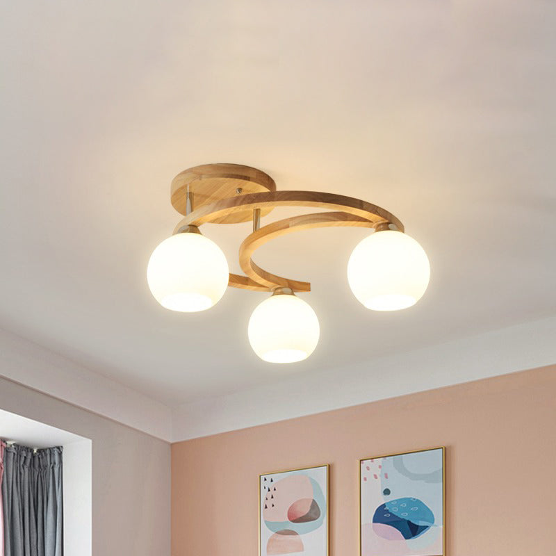 Crescent Semi Flush Light Nordic Wooden Bedroom Ceiling Lamp with Dome Milk Glass Shade