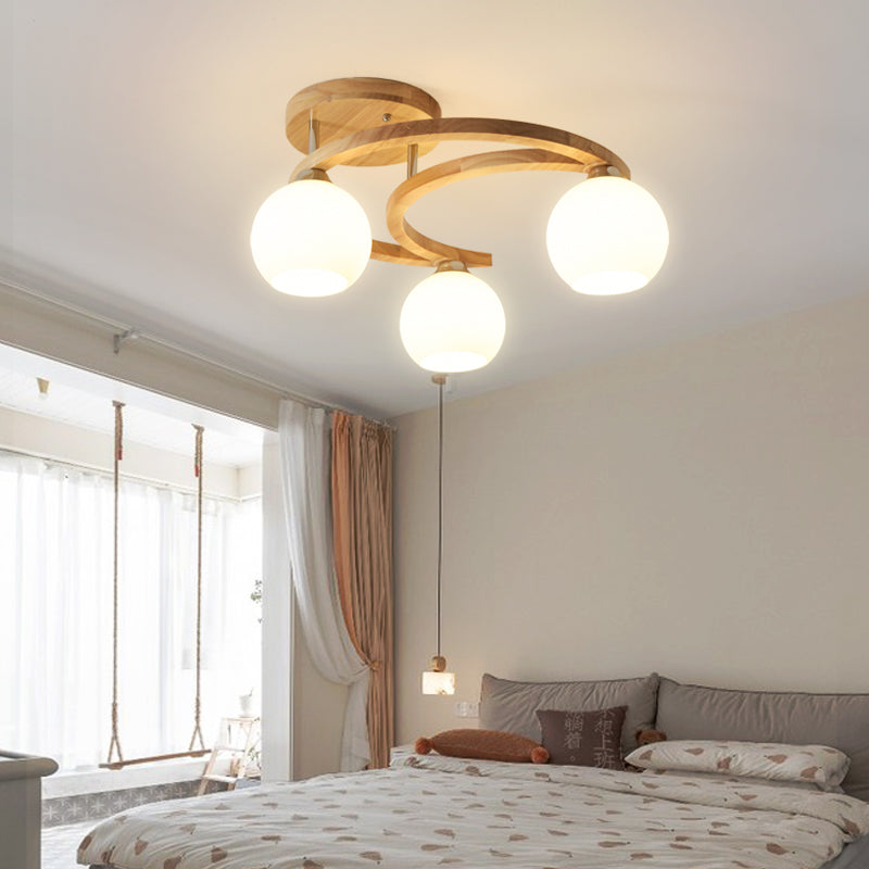 Crescent Semi Flush Light Nordic Wooden Bedroom Ceiling Lamp with Dome Milk Glass Shade