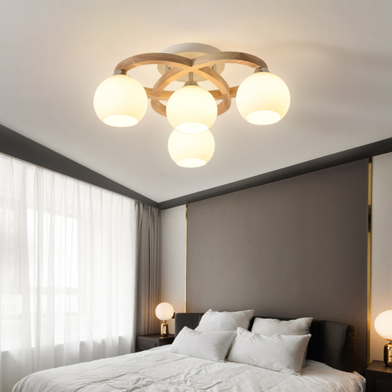 Crescent Semi Flush Light Nordic Wooden Bedroom Ceiling Lamp with Dome Milk Glass Shade