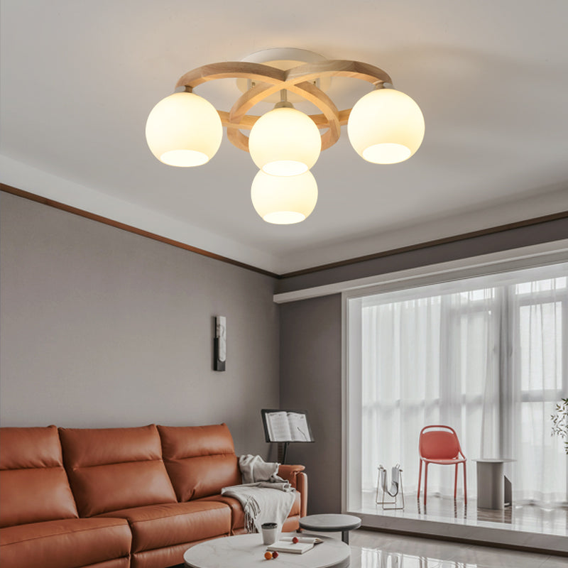 Crescent Semi Flush Light Noordse houten slaapkamer plafondlamp met koepelmelkglasschaduw