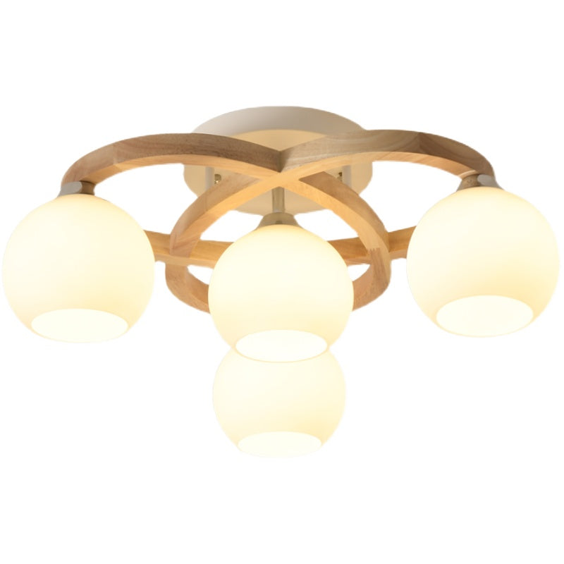 Crescent Semi Flush Light Nordic Wooden Bedroom Ceiling Lamp with Dome Milk Glass Shade