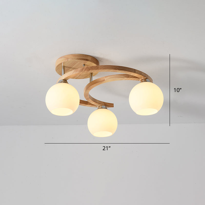 Crescent Semi Flush Light Nordic Wooden Bedroom Ceiling Lamp with Dome Milk Glass Shade