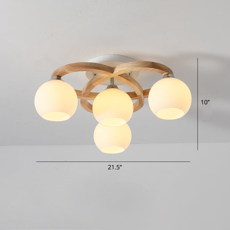 Lámpara de techo de dormitorio de madera nórdica semi flush de luz de creciente con tono de vidrio de leche de domo