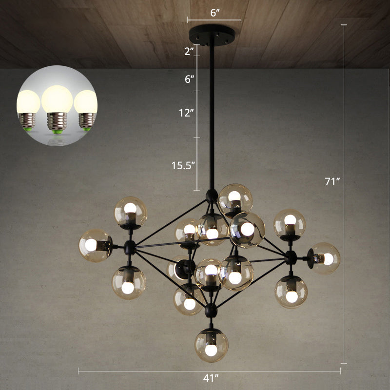 Clear Glass Ball Chandelier Lighting Loft Style Bedroom Hanging Light Fixture in Black