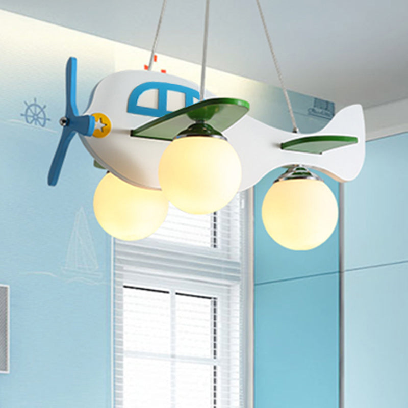 Cartoon Aircraft Pendant Chandelier Wooden 3-Bulb Kids Room Hanging Light with Ball White Glass Shade