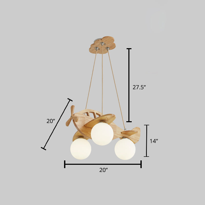 Aereo Cartoon Aeromobile lampadario in legno in legno 3-bulba Camera appesa alla luce con sfera di vetro bianco