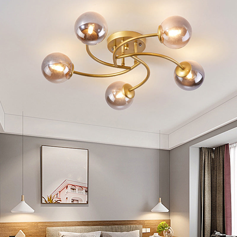 Swirled Metal Semi Flush Light Post-Modern Close to Ceiling Light with Ball Glass Shade