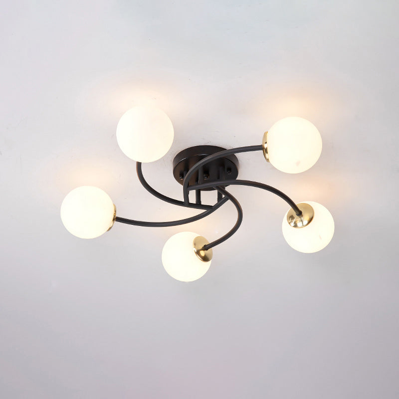 Swirled Metal Semi Flush Light Post-Modern Close to Ceiling Light with Ball Glass Shade