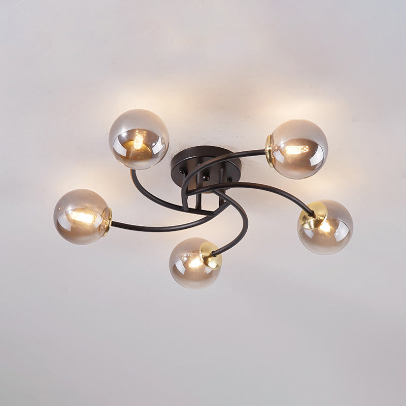 Swirled Metal Semi Flush Light Post-Modern Close to Ceiling Light with Ball Glass Shade