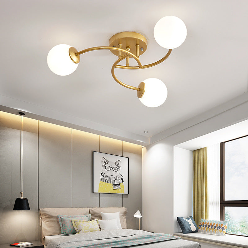 Swirled Metal Semi Flush Light Post-Modern Close to Ceiling Light with Ball Glass Shade