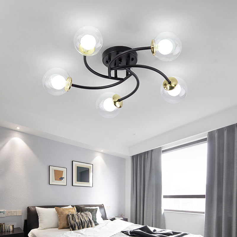 Swirled Metal Semi Flush Light Post-Modern Close to Ceiling Light with Ball Glass Shade