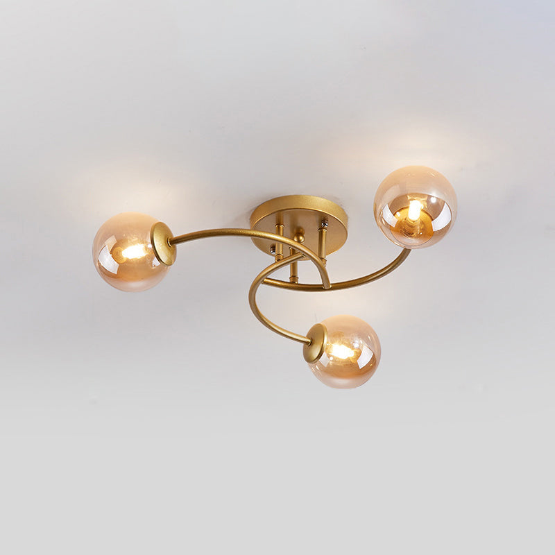 Swirled Metal Semi Flush Light Post-Modern Close to Ceiling Light with Ball Glass Shade