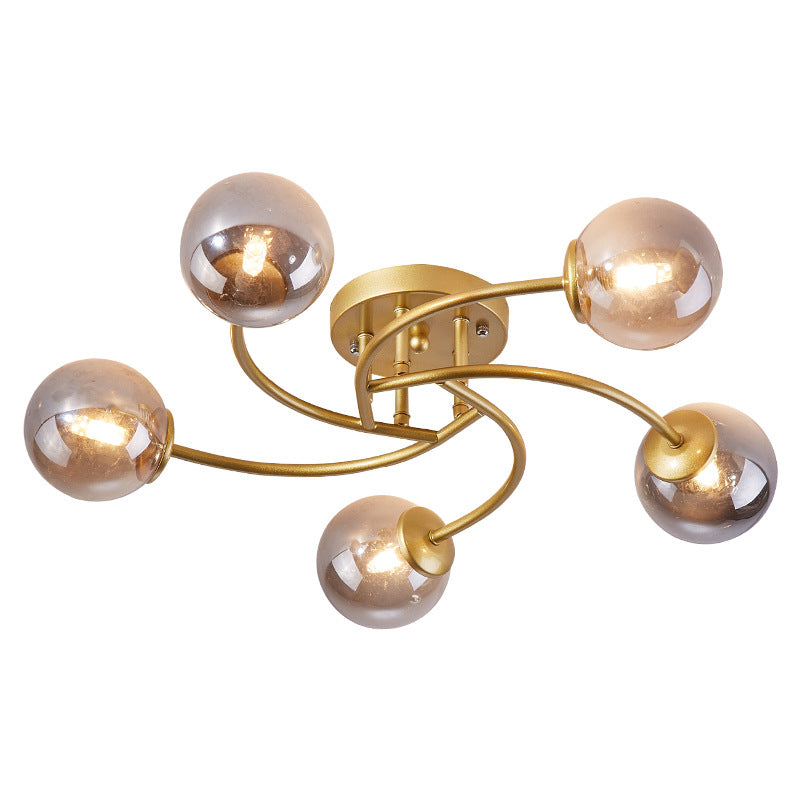 Swirled Metal Semi Flush Light Post-Modern Close to Ceiling Light with Ball Glass Shade