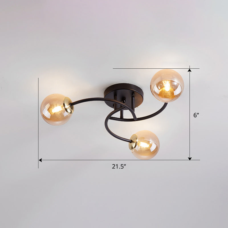 Swirled Metal Semi Flush Light Post-Modern Close to Ceiling Light with Ball Glass Shade