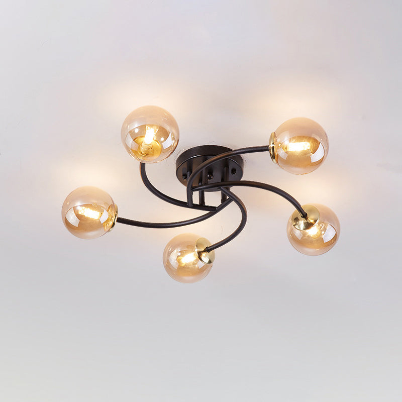 Swirled Metal Semi Flush Light Post-Modern Close to Ceiling Light with Ball Glass Shade