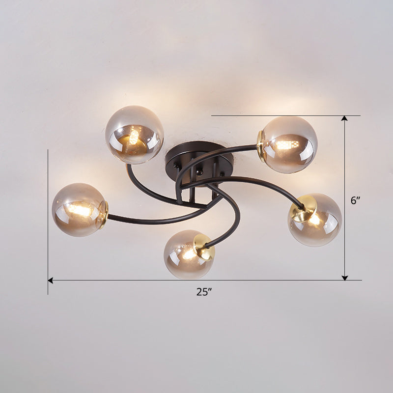 Swirled Metal Semi Flush Light Post-Modern Close to Ceiling Light with Ball Glass Shade