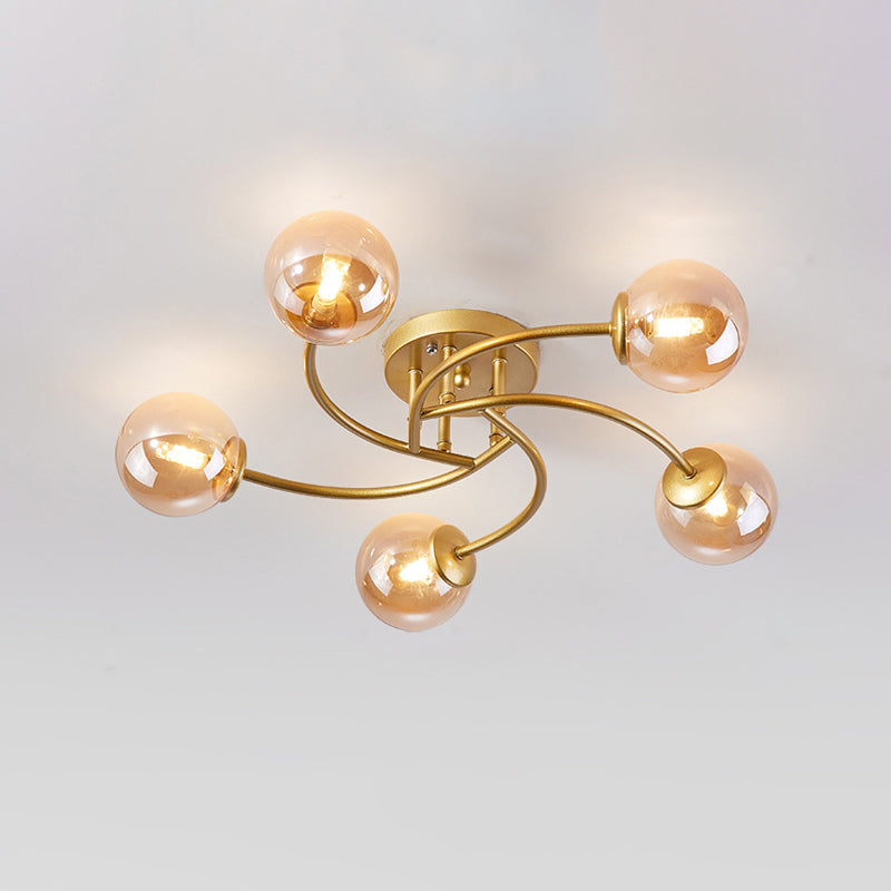 Swirled Metal Semi Flush Light Post-Modern Close to Ceiling Light with Ball Glass Shade