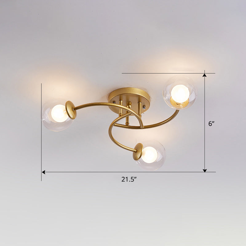 Swirled Metal Semi Flush Light Post-Modern Close to Ceiling Light with Ball Glass Shade