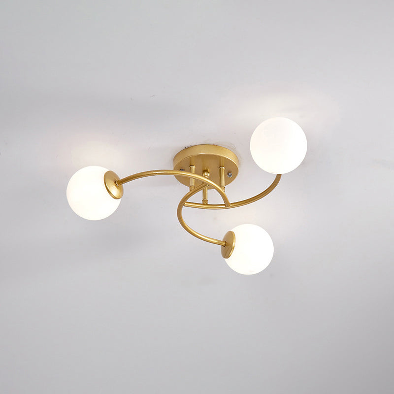 Swirled Metal Semi Flush Light Post-Modern Close to Ceiling Light with Ball Glass Shade