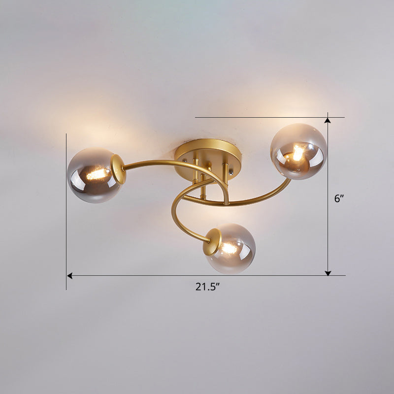 Swirled Metal Semi Flush Light Post-Modern Close to Ceiling Light with Ball Glass Shade