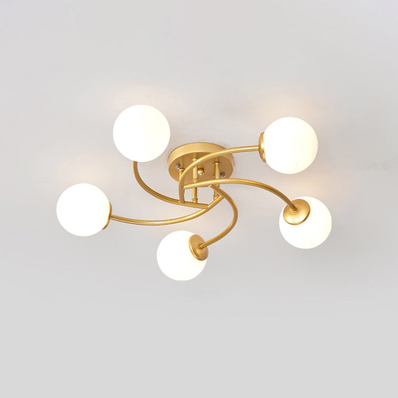 Swirled Metal Semi Flush Light Post-Modern Close to Ceiling Light with Ball Glass Shade